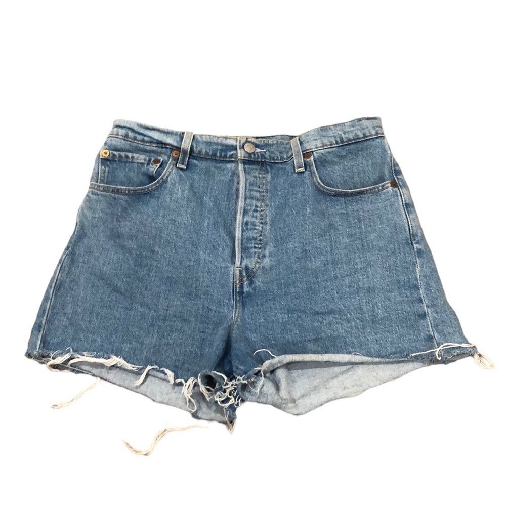 Levi’s Premium Ribcage Shorts Size 31 Cut Off Raw Hem Blue Denim